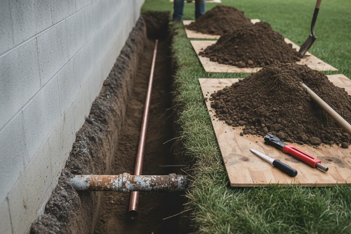 Excavated water line trench during Sewer Line Repair in Battletown